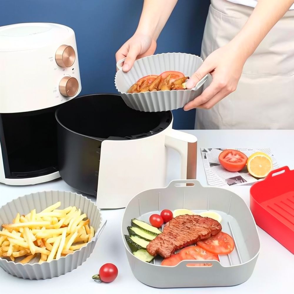 Air Fryer Silicone Pot Liner - 再利用可能な正方形のシリコン製ライナー。エアフライヤー用、焦げ付き防止加工のベーキングバスケット、調理トレイ。耐熱性があり、キッチンでの調理に最適。